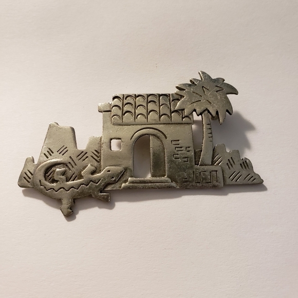 Vintage JJ Jonette Southwest Gecko Adobe Palm Tree Brooch - Picture 2 of 7